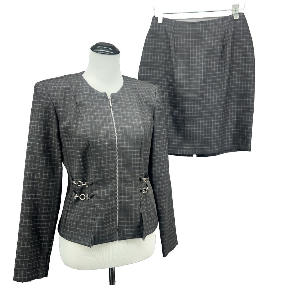 VTG Scarlett Skirt Suit Set Womens 4 Charcoal Windowpane Zip Jacket Hardware 90s